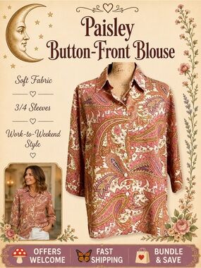 BonWorth Paisley Blouse Button‑Front 3/4 Sleeves Pink & Cream XL